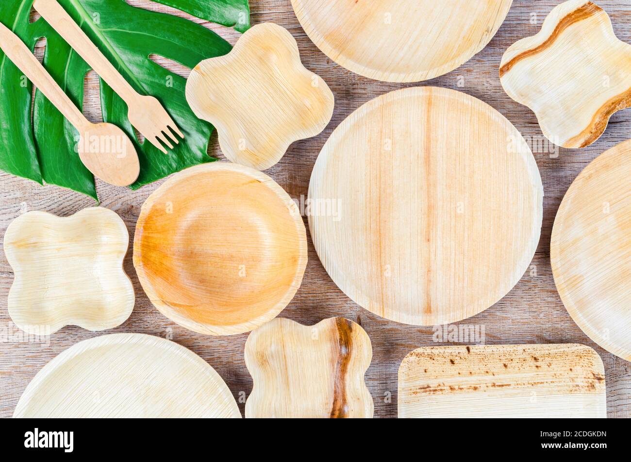 Kitchenware made from dried betel nut leaf palm, natural material. The