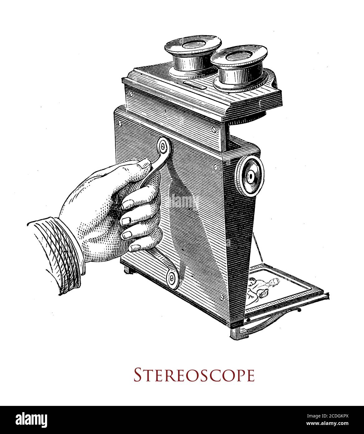 Stereoscope, device for viewing a pair of separate images of the same scene as a single 3D image. Typical stereoscopes provide a a pair of lenses lens that makes the image appear more distant into one 'stereo window', vintage virtual reality Stock Photo