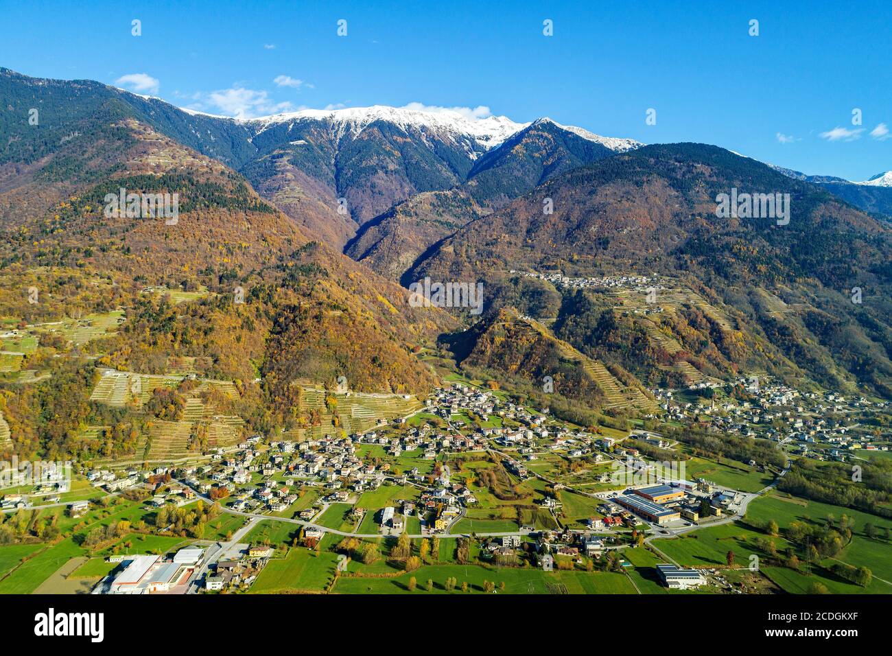 Valtellina (IT) - Pedemonte - Ronco - Villapinta - Aerial view Stock Photo