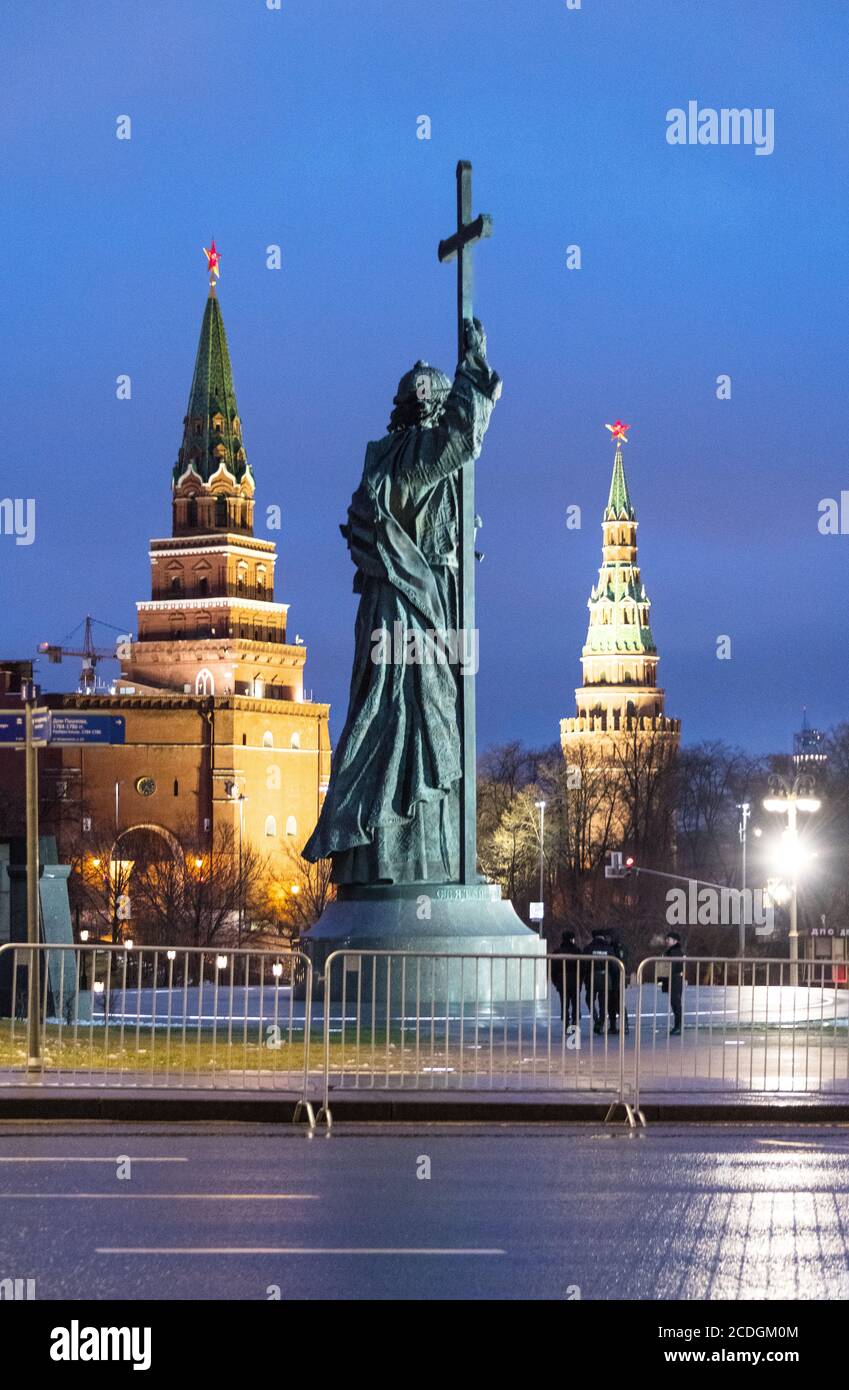 Monument to the Vladimir the Great with Kremlin in the background, Moscow, Russia Stock Photo