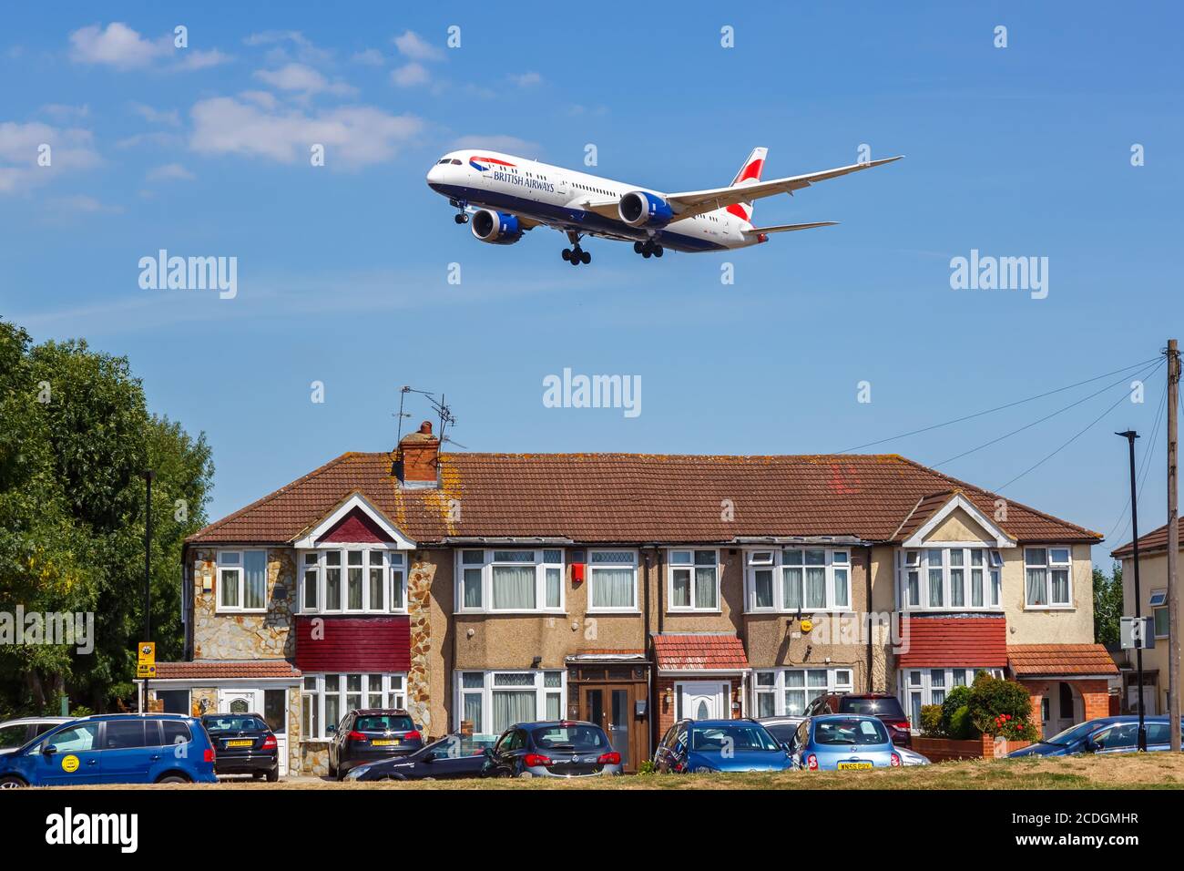 London, United Kingdom - August 1, 2018: British Airways Boeing 787-9 Dreamliner airplane aircraft noise at London Heathrow Airport (LHR) in the Unite Stock Photo