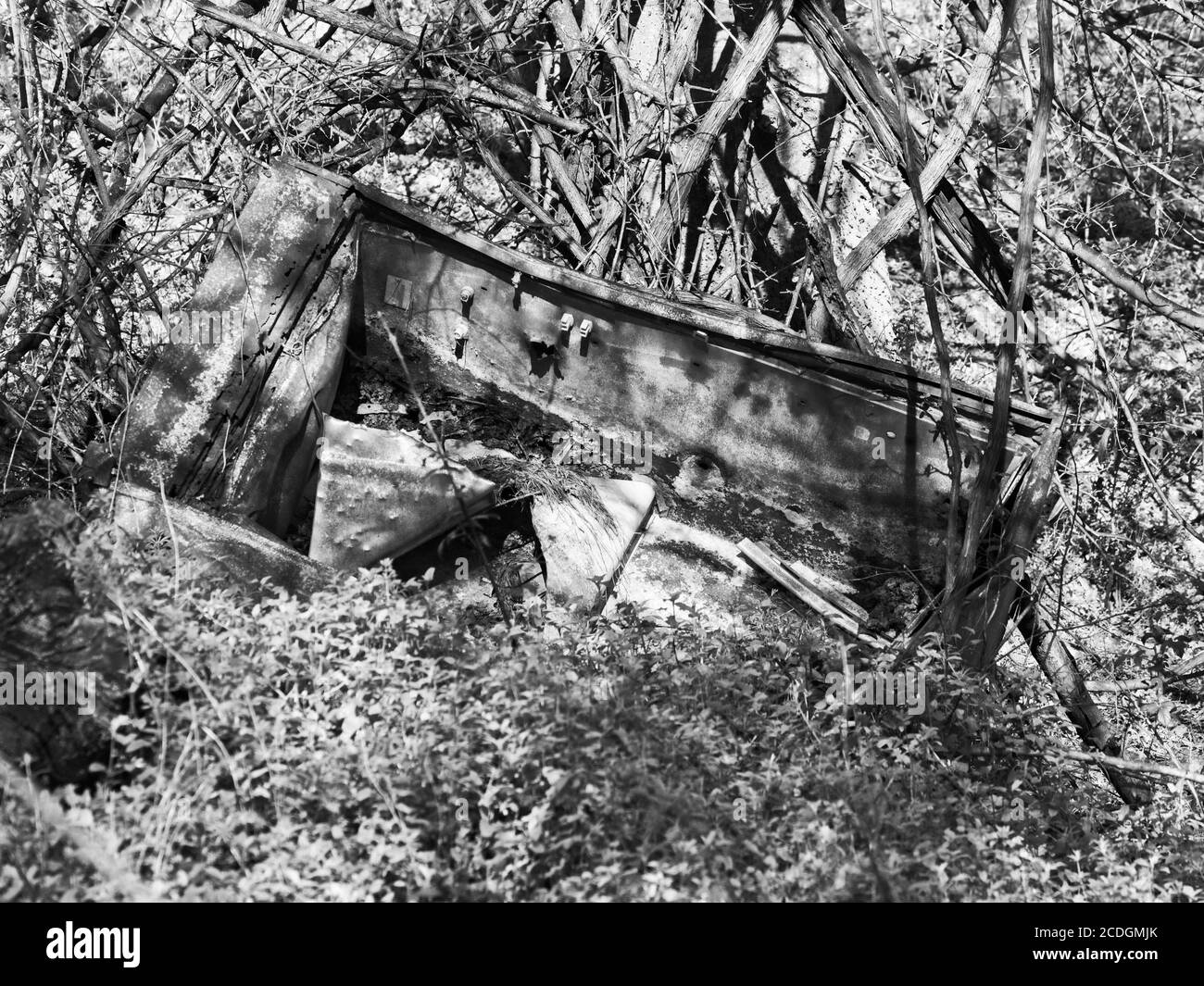 The Woodlands TX USA - 02-07-2020  -  Old Rusted Refrigerator a Flooded 2 in B&W Stock Photo