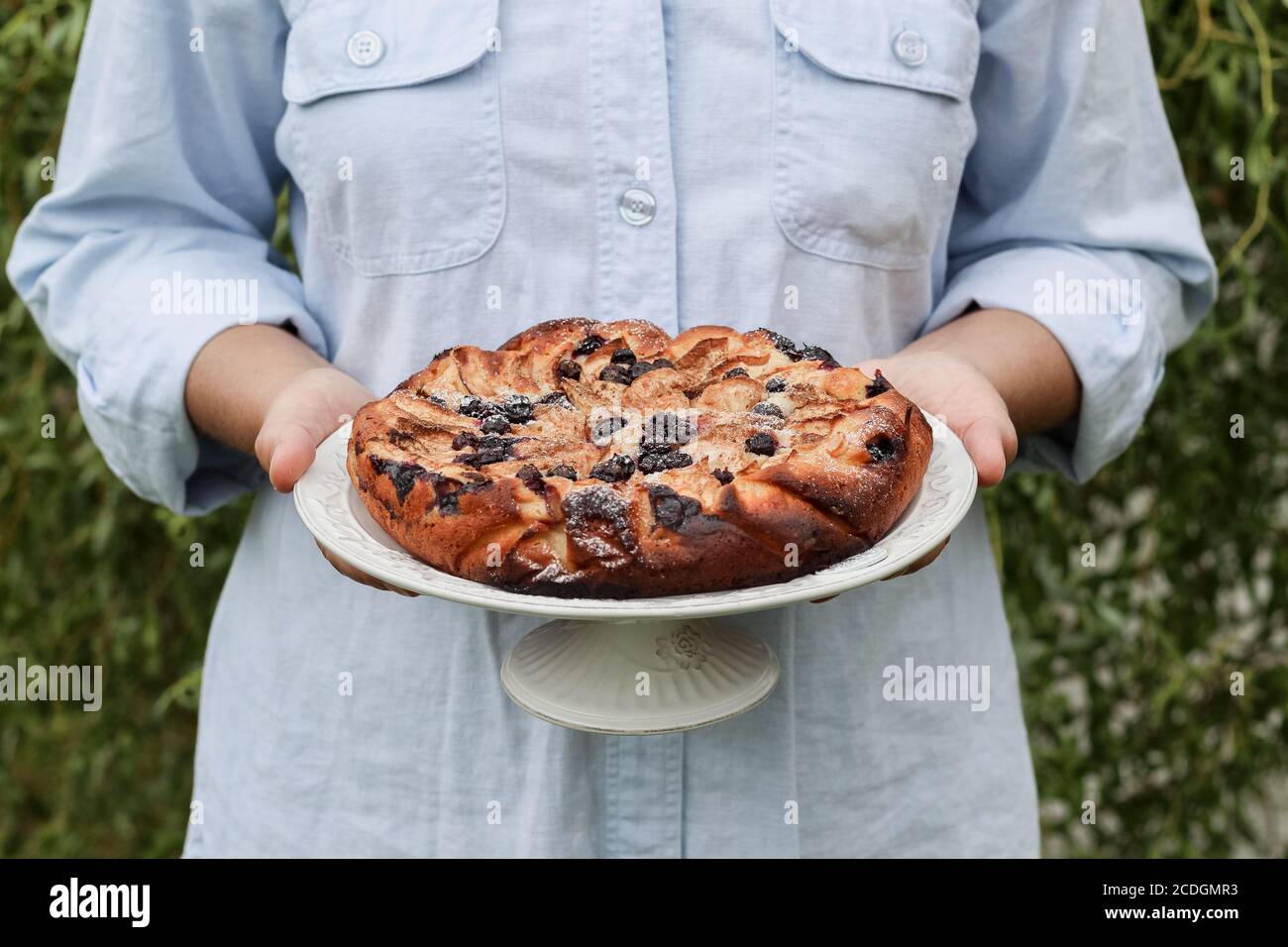 A woman hands holding home baked apple pie with blueberries Stock Photo