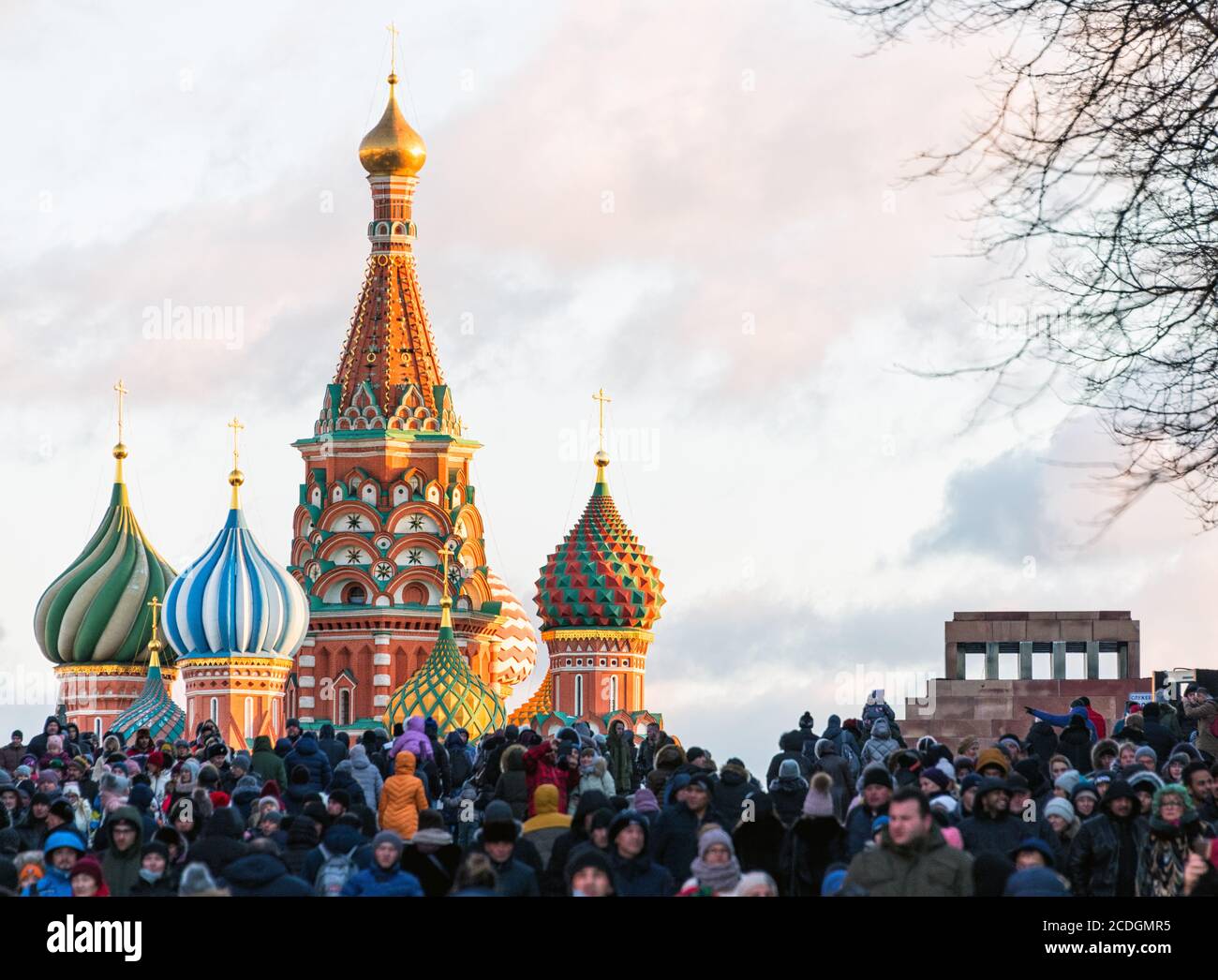 New Year celebrations on the Red Square, with Saint Basil's Cathedral in the background, Moscow, Russia Stock Photo