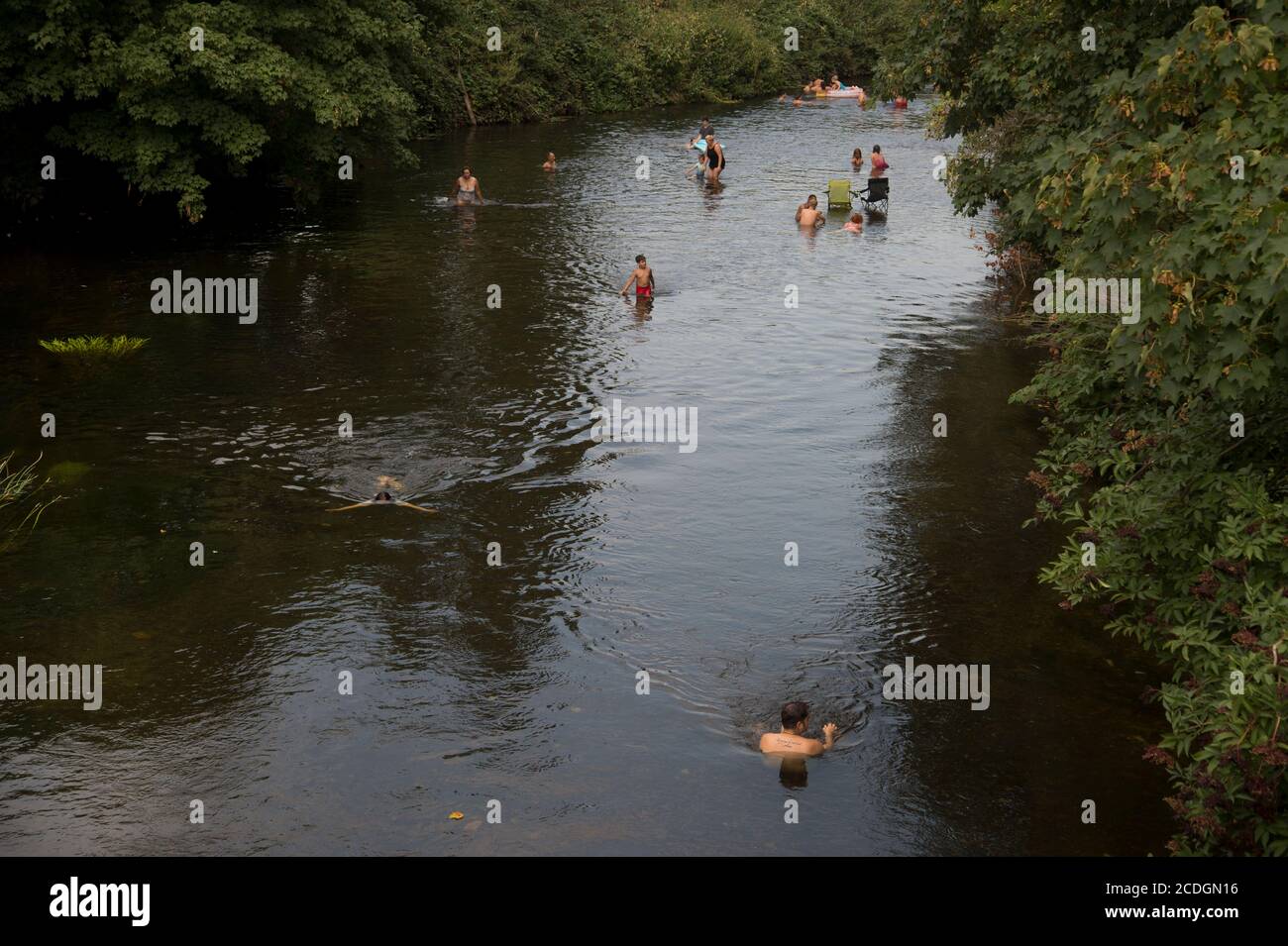 Hackney marshes on a hot August afternoon. People swim in the River Lea to cool off. Stock Photo