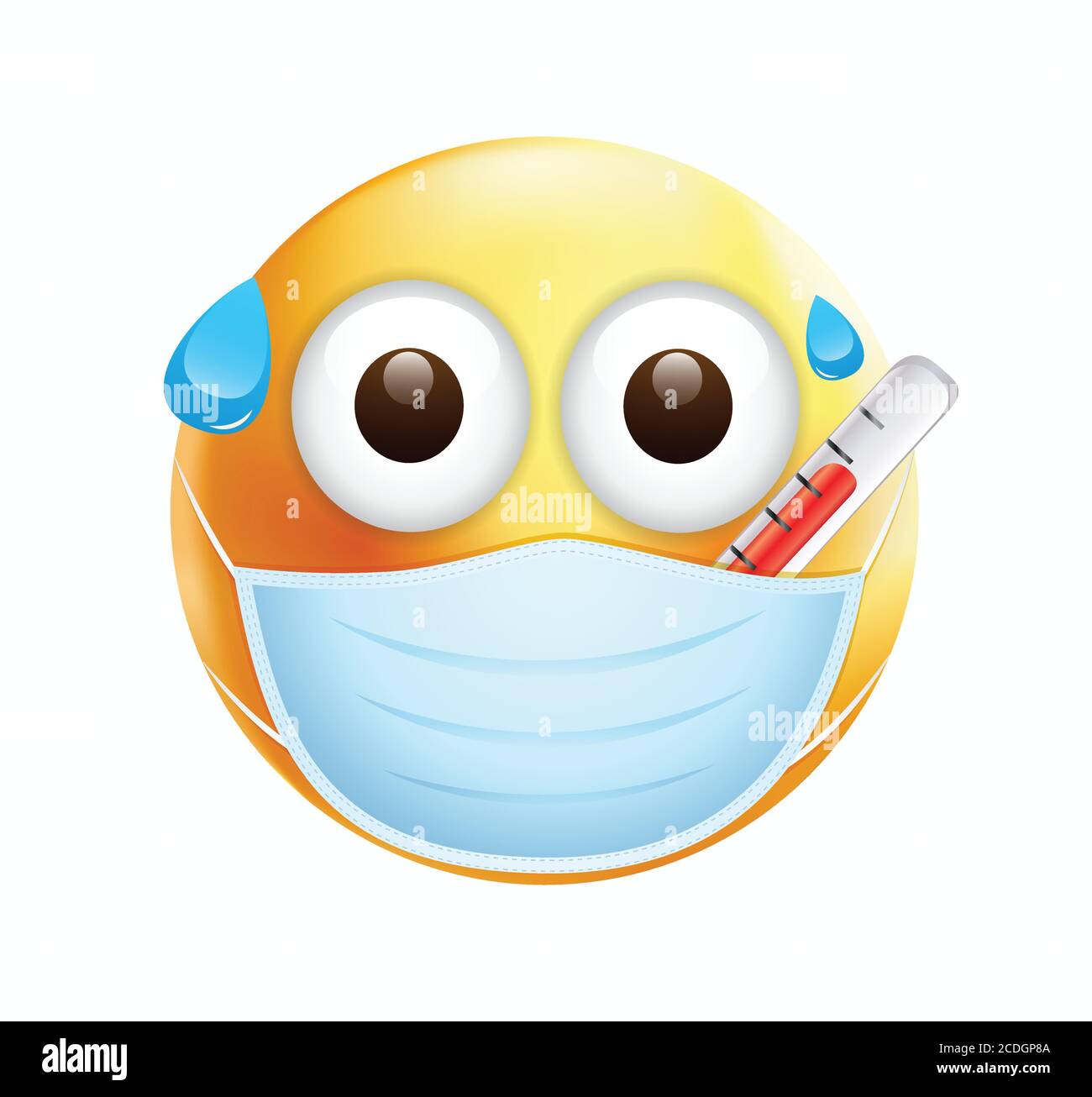 Sweating emoticon.Sick emoji.Yellow face with thermometer.Patient emoji.Fever emoticon.Mask emoji. Stock Vector