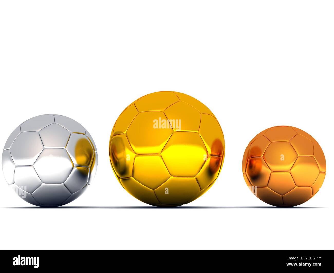 silver, gold and bronze soccer balls on white back Stock Photo