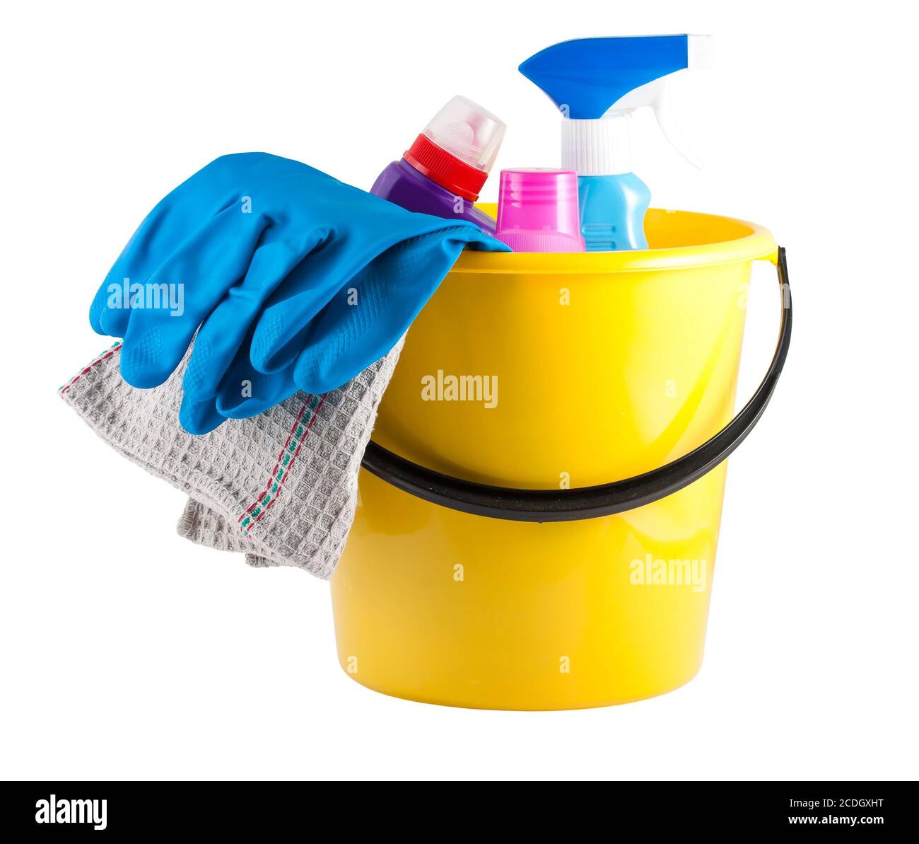 Yellow Bucket With Cleaning Supplies Isolated On White Background Stock  Photo, Picture and Royalty Free Image. Image 11733199.