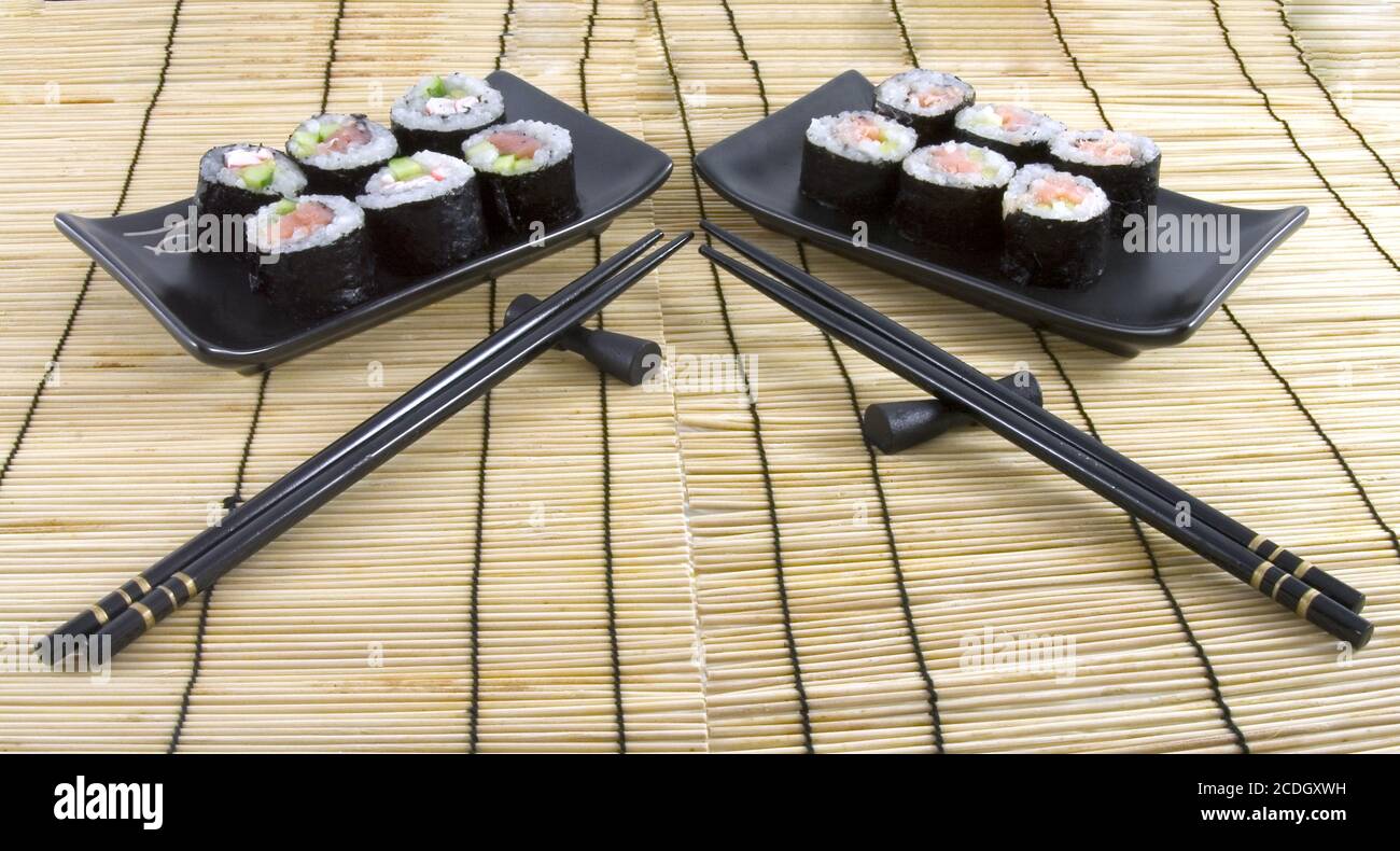 sushi on a bamboo mat Stock Photo Alamy