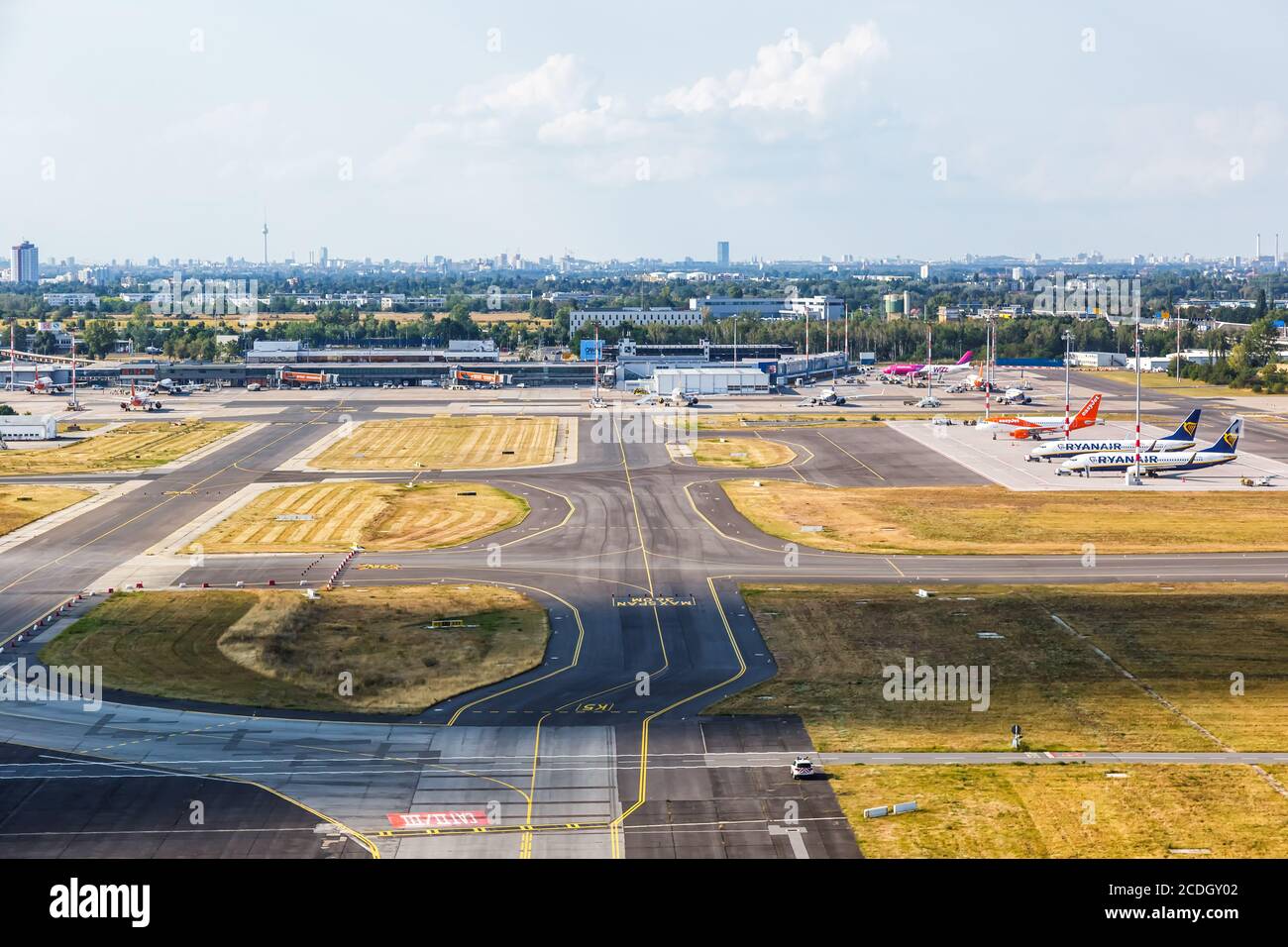 Berlin, Germany - August 19, 2020: Berlin Schönefeld SXF Airport Terminal aerial view photo in Germany. Stock Photo
