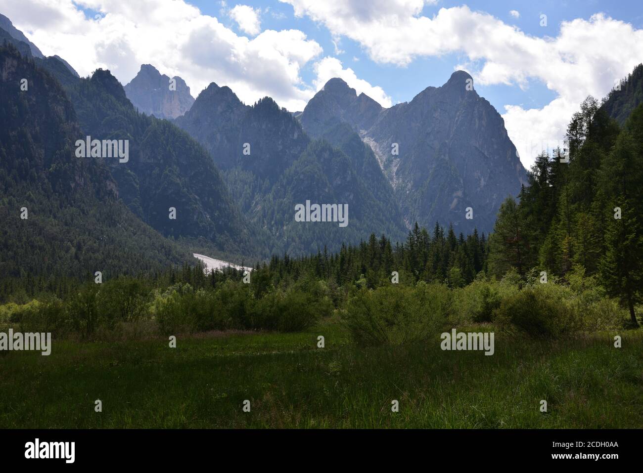 Mount Nasswand and Croce Alta on the valley of Lake Dobbiaco Stock Photo