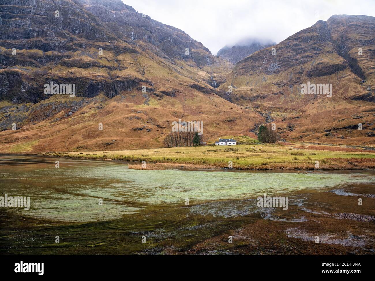 Achnambeithach cottage in Glen Coe, Highlands, Scotland, Stock Photo