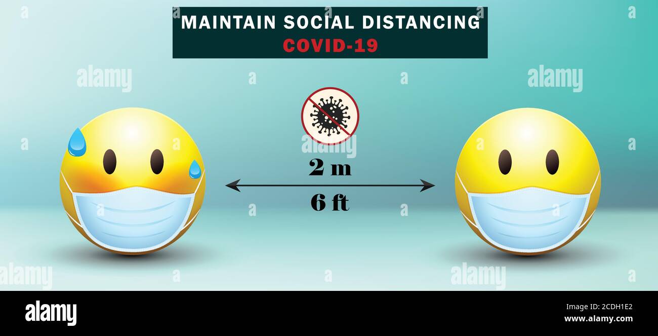 Social distancing concept for preventing coronavirus, covid-19. Emoticons wearing masks keeping distance.Mask emoji.Sick emoticon. Stock Vector