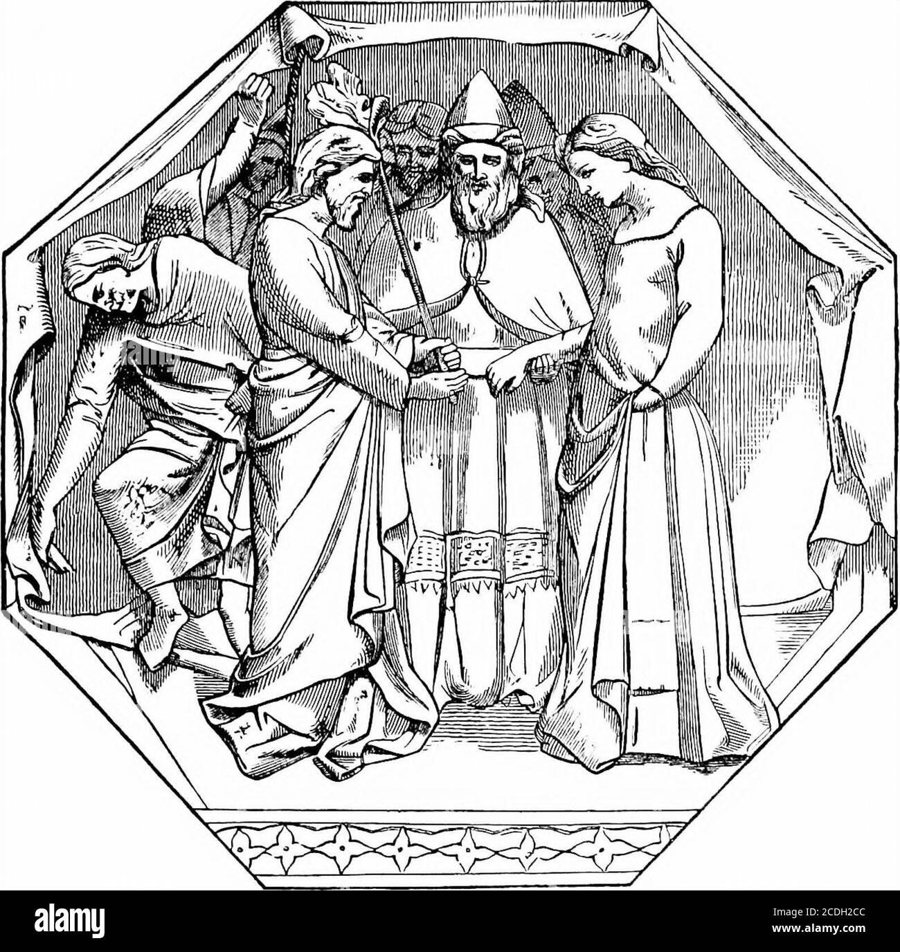 . A short history of art . RELIEF FROM THE SOUTH DOOR OF THE BAPTISTERY AT FLORENCE By Andrea Pisano from Caspar, king of the Ethiopians, the myrrh, significantof death and burial. Balthazar, king of Saba, standing next,offers the priestly incense; while Melchior, king of theArabians, holds out the golden apple, symbolising allegianceto a king. An angel and St. Joseph fill up the space behindthe Virgin. The figures are not in proportion to each MEDIEVAL SCULPTURE IN ITALY 209 other, and in many other respects we see the rudeness ofRomanesque sculpture struggling with the newly awakenedclassic Stock Photo