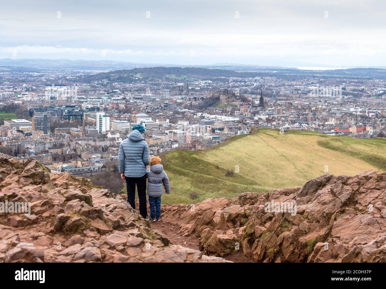 Panorama of Edinburgh as seen from the Arthur’s Seat and Holyrood Park, Edinburgh, Scotland Stock Photo