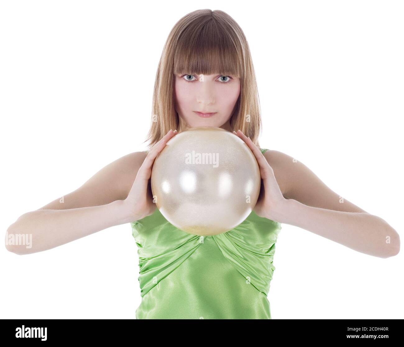 Beautiful woman with gold sphere in hand Stock Photo Alamy
