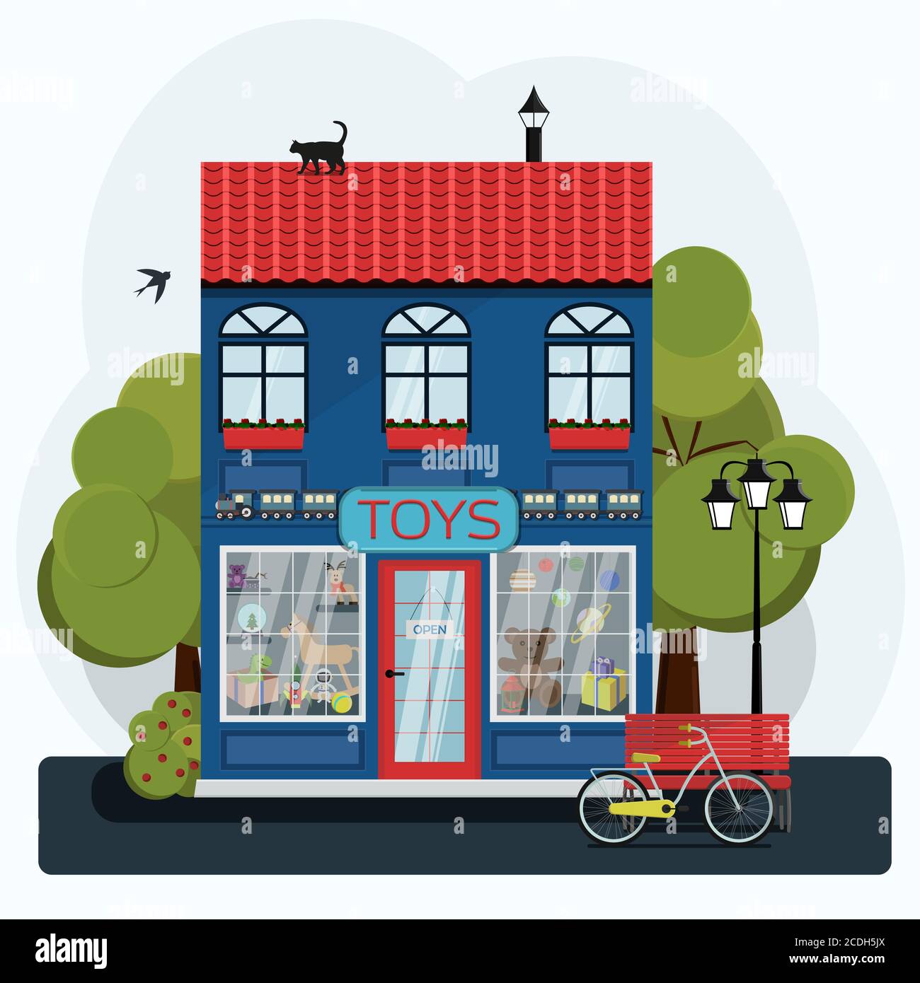 The facade of a cute English toy store. A two-story building with huge storefronts of children s toys. Vector illustration of a European house, Windows with flowers, a chimney on the roof and a black cat, next to a bench with a Bicycle and trees. Cartoon flat market. Retail store. Gift sale business. Stock Vector