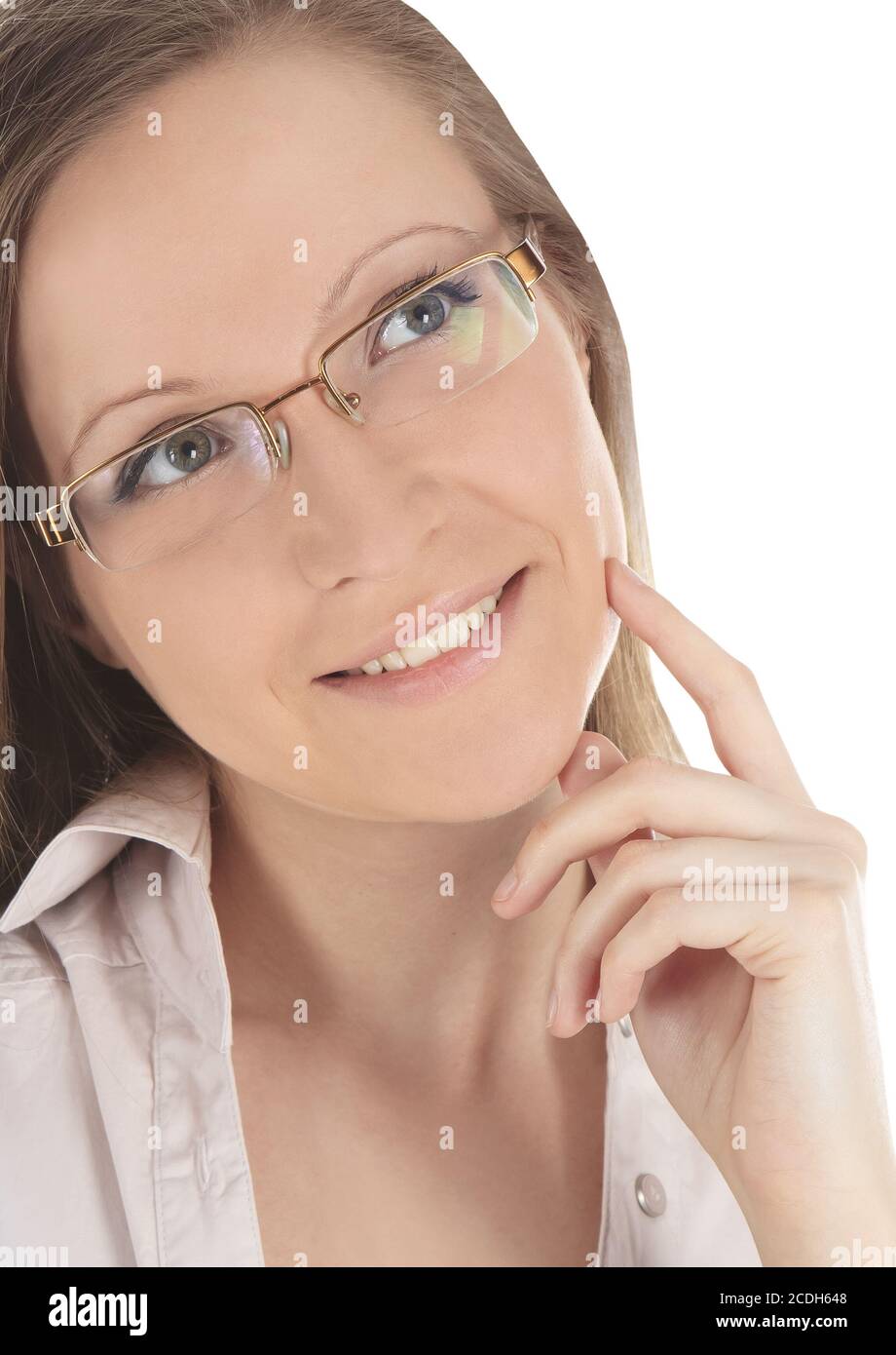 Portrait of young beautiful woman in spectacles over white Stock Photo