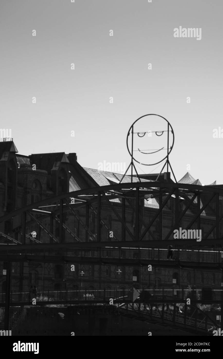 Steel smiley on a bridge in Hamburg, Hamburg, Germany Stock Photo