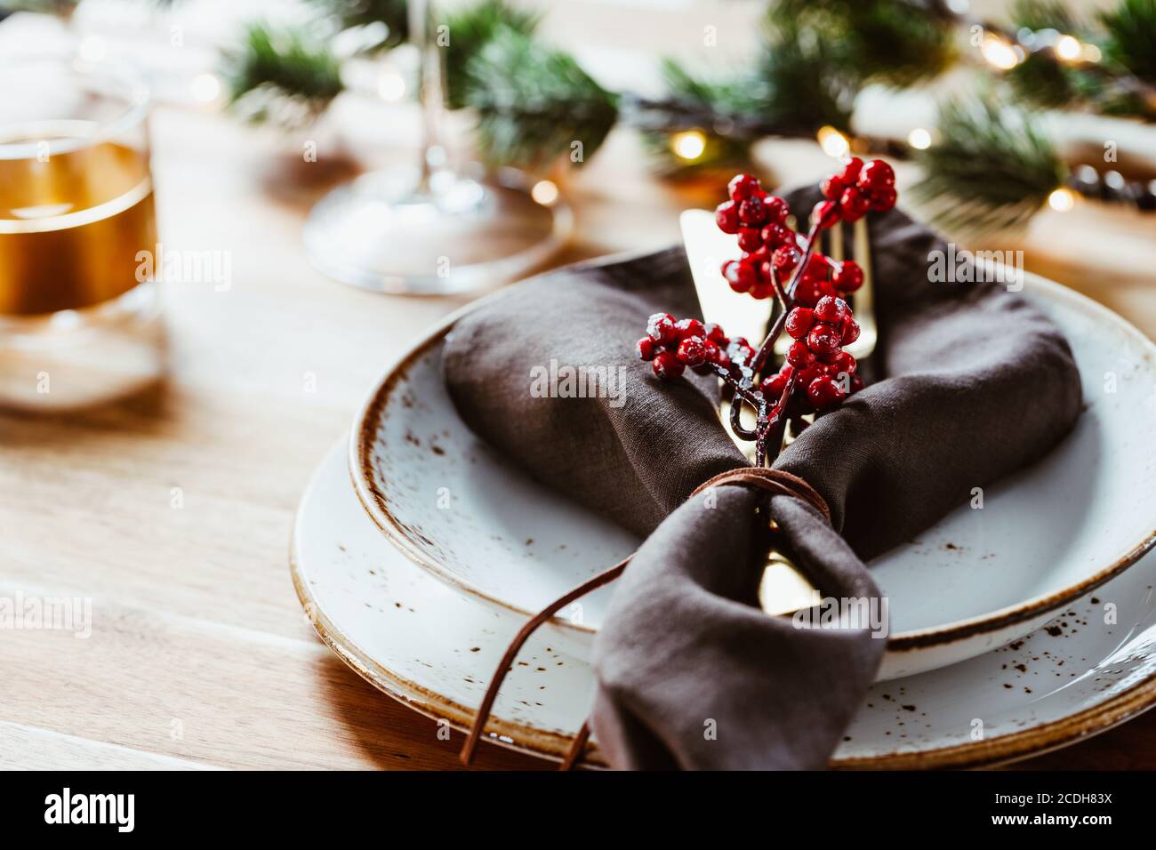 Festive table setting with winter decor. The concept of Thanksgiving or
