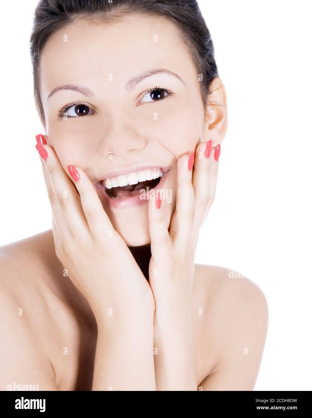 Brightly picture of smiling brunette over white Stock Photo - Alamy