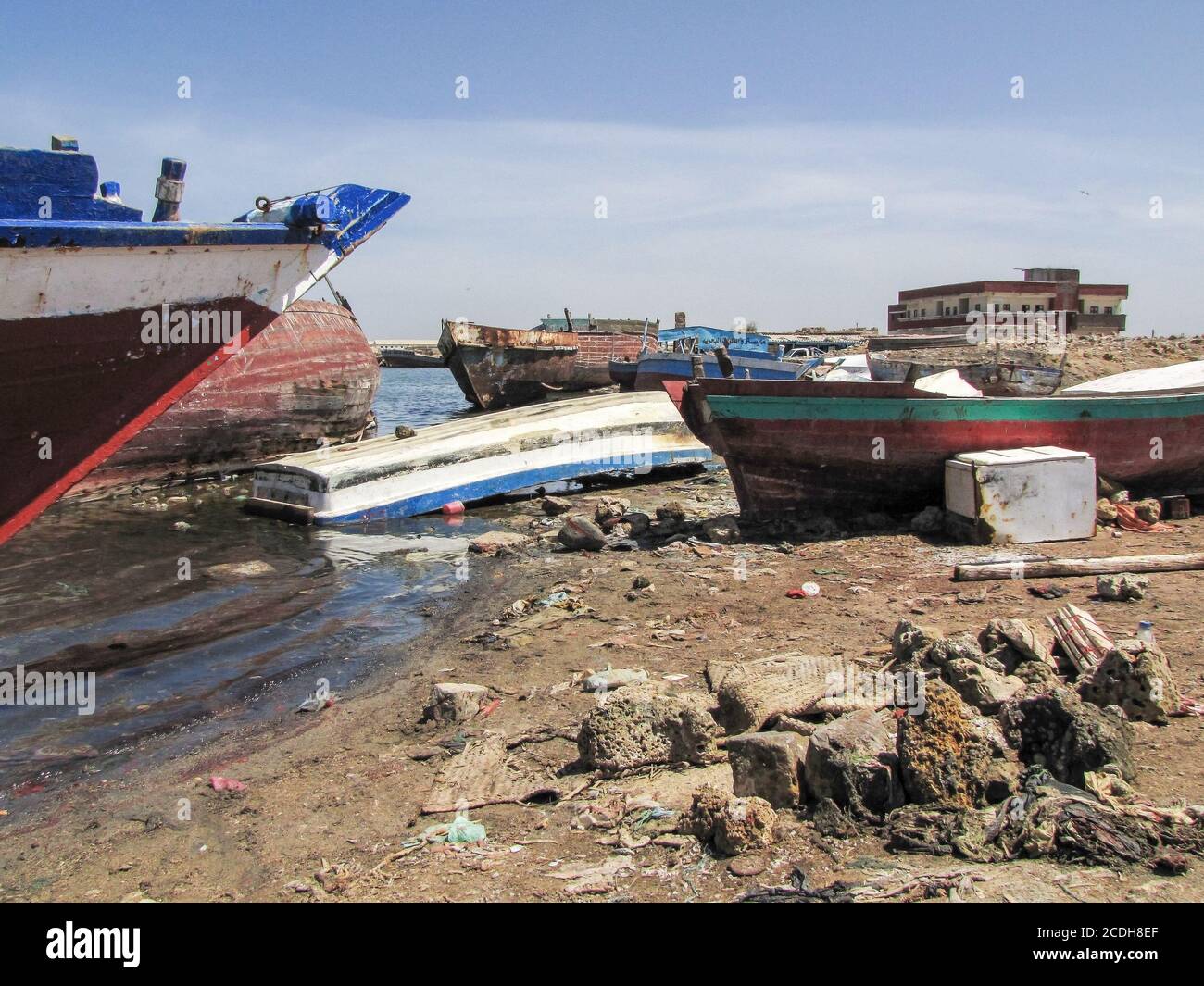 Plastic and paper rubbish in the Suakin harbor on the Red Sea, northeast Sudan. Stock Photo