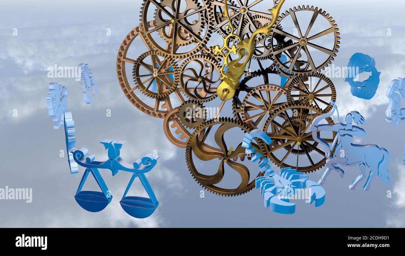 Zodiac horoscope, 12 zodiac signs and a clockwork. 3D rendering Stock