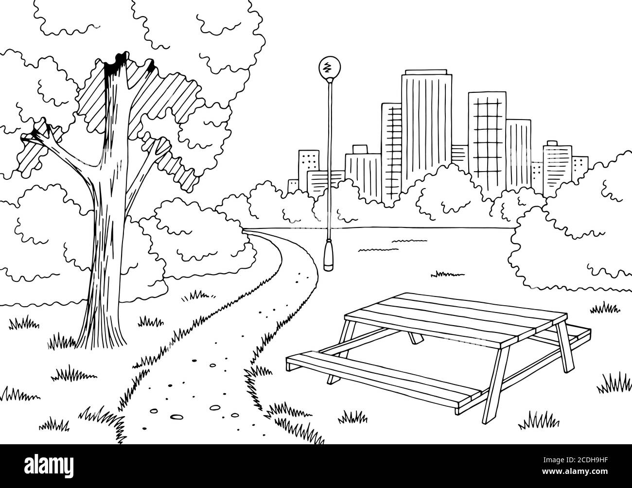 Park graphic black white table landscape sketch illustration vector Stock Vector