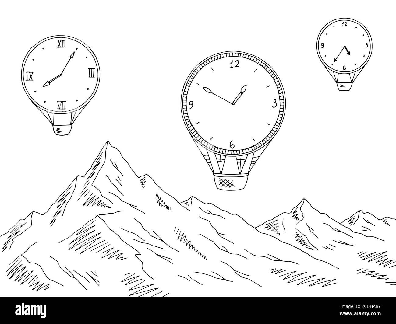 Mountain clock air balloon graphic black white landscape sketch illustration vector Stock Vector