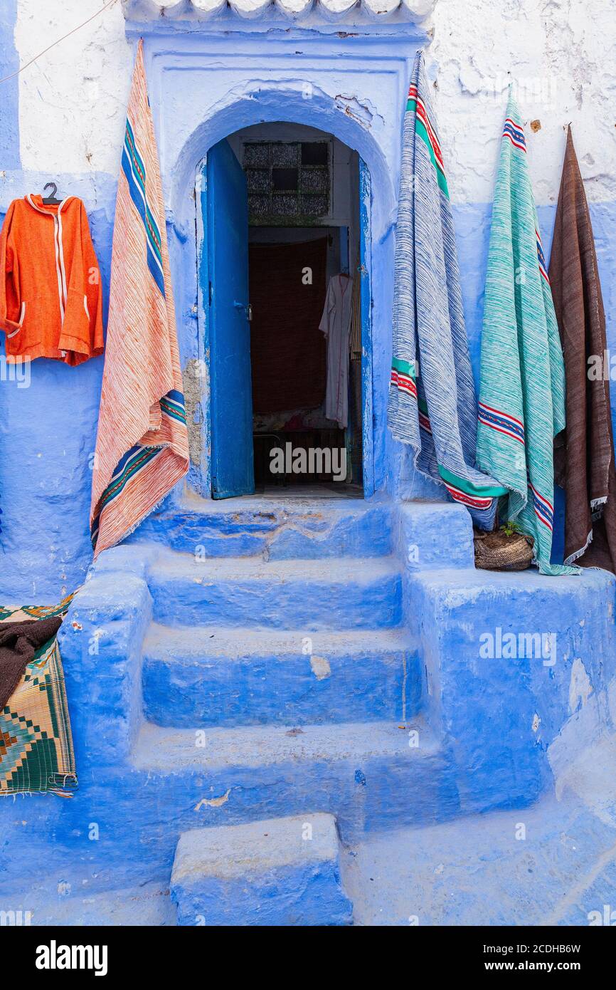 A shop in the colourful village of Chefchaouen, Morocco Stock Photo