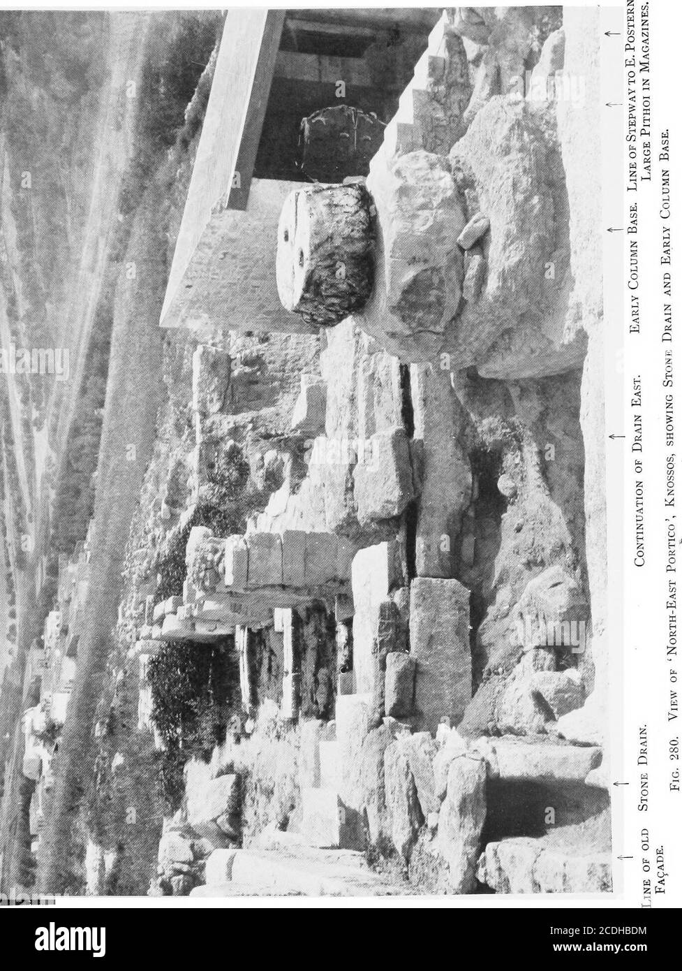 . The palace of Minos : a comparative account of the successive stages of the early Cretan civilization as illustrated by the discoveries at Knossos . ty of these and the corresponding column at a higherMvel on the slopeof the hill will be more fully realized from the view given in^uppl. PI. T1I.The column base that has been preserved is of the same^^reccia as thoseassociated :with the Spiral Fresco * and was originally of ^Ritical shape. Ithad,:bowever, been readapted for a wooden column of sffliUer dimensionsby a ledge cut round itsupper circumference. In all pro^miilitv these baseshad once Stock Photo