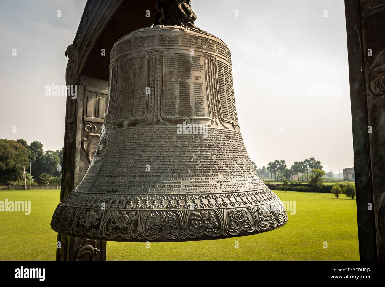 world peace bell from different unique angles close up shots image is taken at nalnda bihar india. the details view of huge world peace bell which is Stock Photo