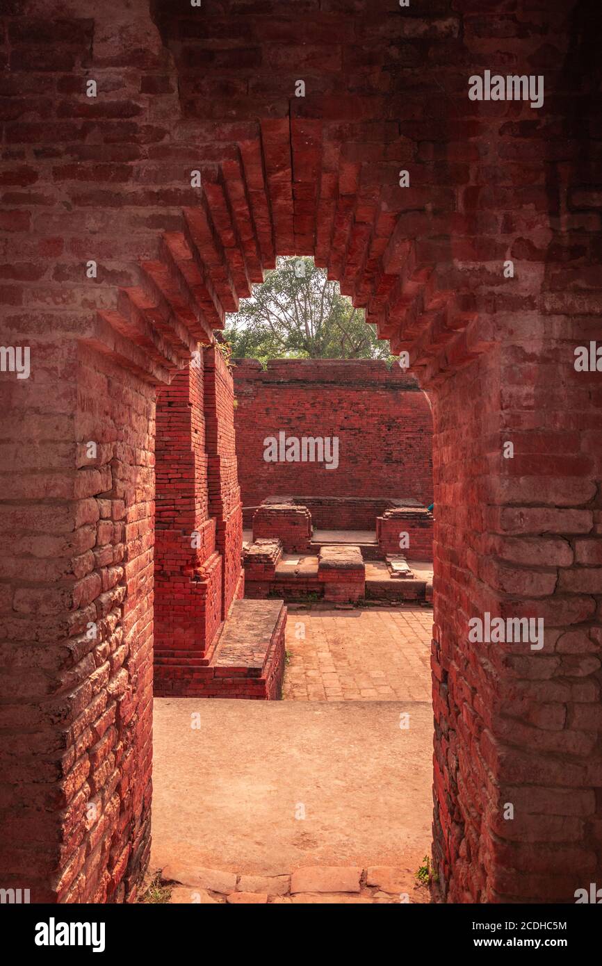 the ruins of nalanda image is taken at nalanda bihar india. it was a massive Buddhist monastery in the ancient kingdom of Magadha. It was a center of Stock Photo