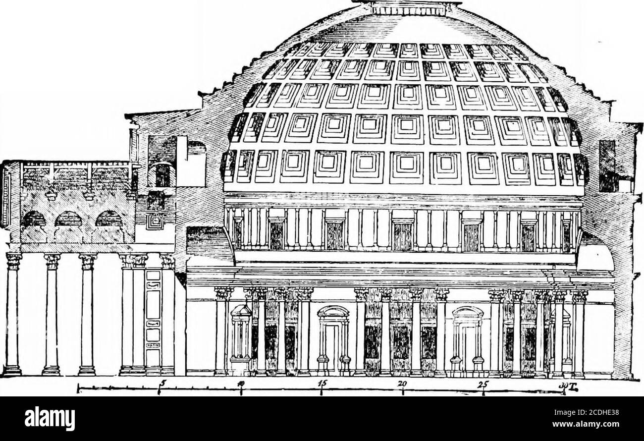 . A short history of art . ordinarilyselected for the laying of the comer-stone. The Romansused vaulted ceilings in their square and oblong temples, butthe external form of the temple was not modified by theiruse. Another form of Roman temple was round: a circular cellawas enclosed by a colonnade, as is the case in the temple ofVesta at Tivoli; or the colonnade was omitted, and a porticoadded to the circular building, as in the Pantheon at Rome. The Pantheon was built by M. Agrippa. It was com-pleted B.C. 25. The main building is a rotunda one hundredand thirty-two feet in diameter, lighted by Stock Photo