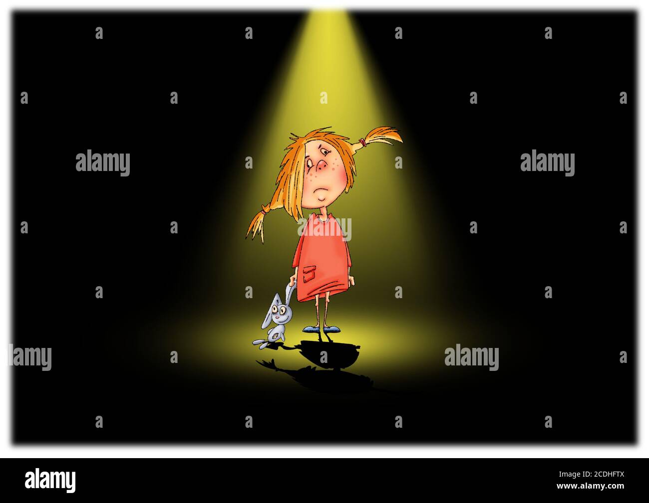 little redhaired cartoon girl in a red dress under a spotlight on a