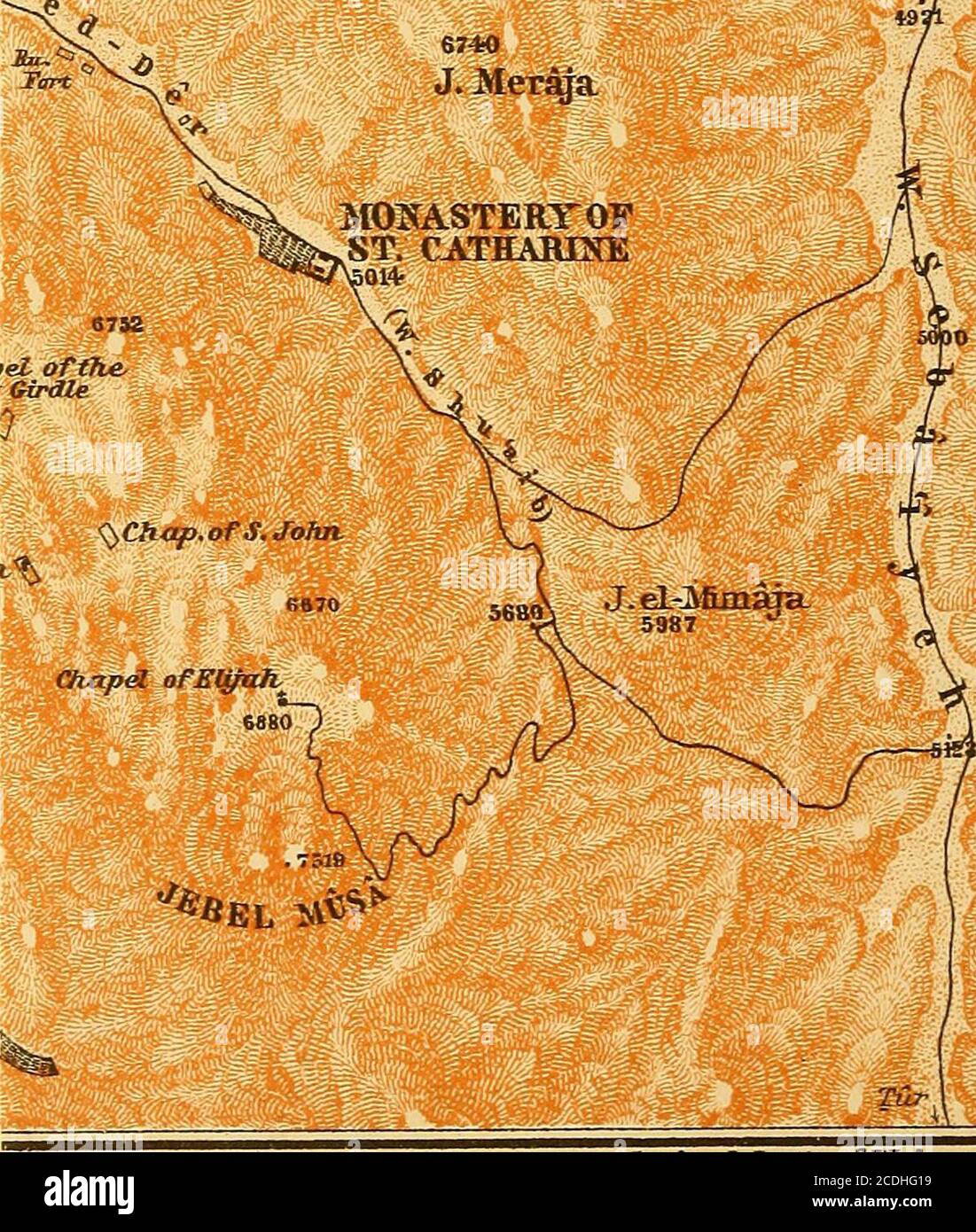 . Palestine and Syria : with the chief routes through Mesopotamia and Babylonia : handbook for travellers . J.AiTibeh km 6«0. GeograjKInstit. of Wagner £Del&gt;es,Leip Sinai vid Tur. PENINSULA OF SINAI. 22. Route. 201 ed-Deir [Shuaib • p. 198), and reach the Monastery of St. Catharine(p. 202J. The Route via the Wadi HebeIn leads to the N. from Tur, as-cending the gradual slope of the desert of El-Kaa (see last page)to (1 hr.) Vmm Saad, where a spring of fresh water affords supportto a few families. The water-casks should be filled here. We nowfollow the road ofAhhas Pasha (comp. p. 205), which Stock Photo