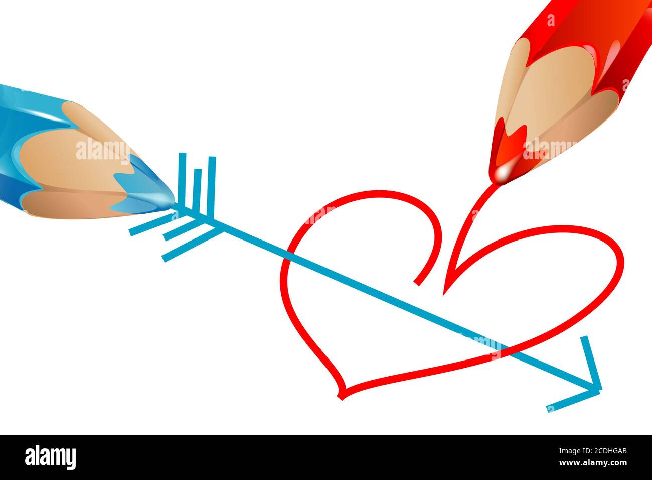 red and blue pencils drawing heart pierced Stock Photo