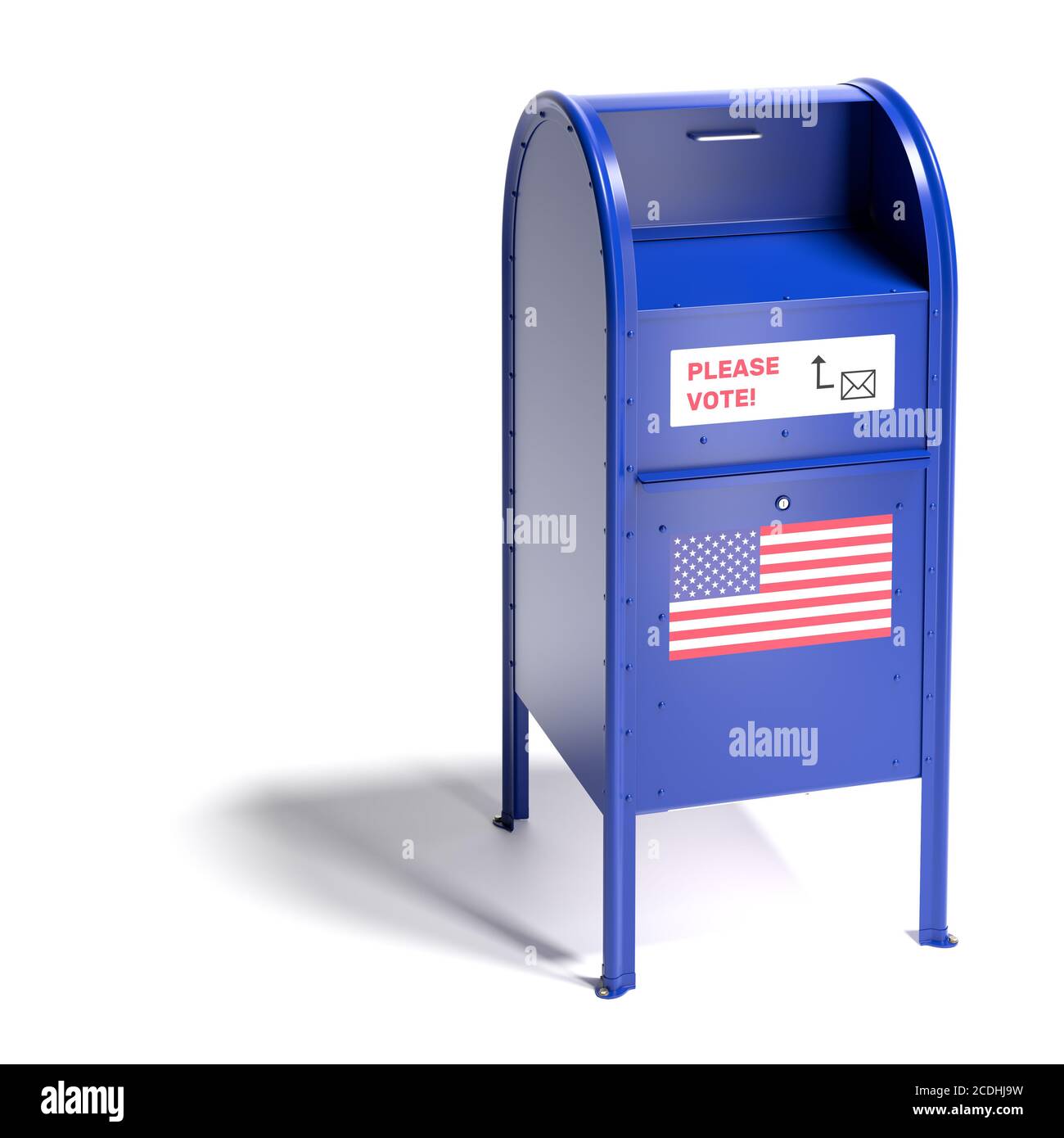 Blue mailbox in the style of the United States Postal Services with a request to vote by mail and an us flag. Mail-in ballot or absentee ballot. Isola Stock Photo