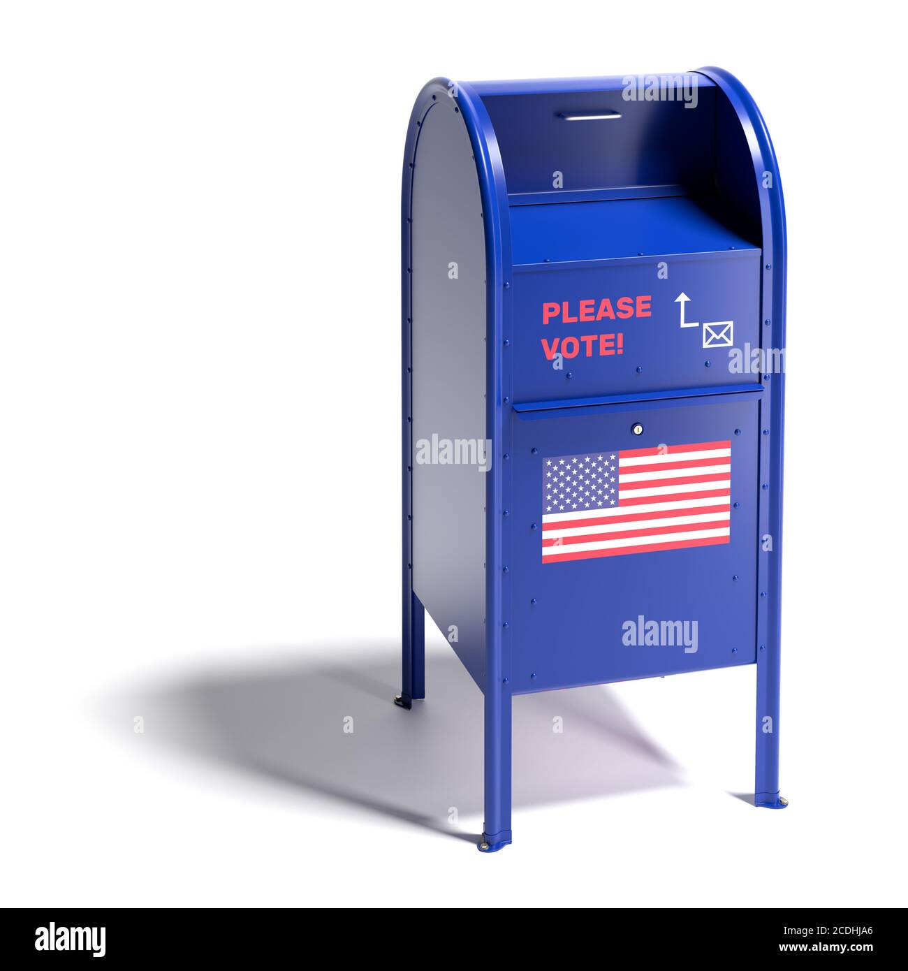 Blue mailbox in the style of the United States Postal Services with a request to vote by mail and an US flag. Mail-in ballot or absentee ballot. Isola Stock Photo