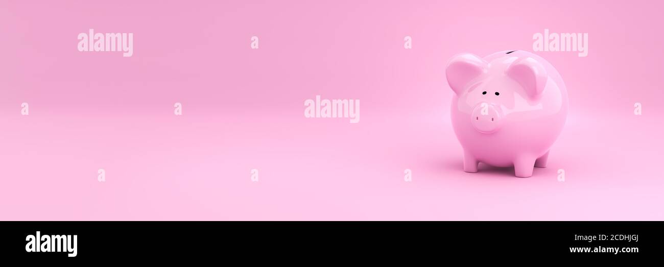 Piggybank savings concept: Pink piggybank on pink background with copyspace. Banner size. Stock Photo