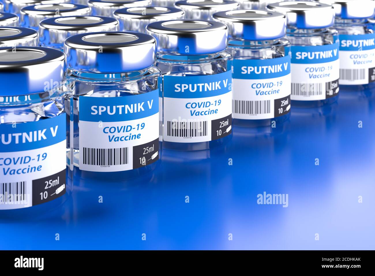 Sputnik V vaccination against COVID-19: Rows of glass containers with 10 doses of vaccination Stock Photo