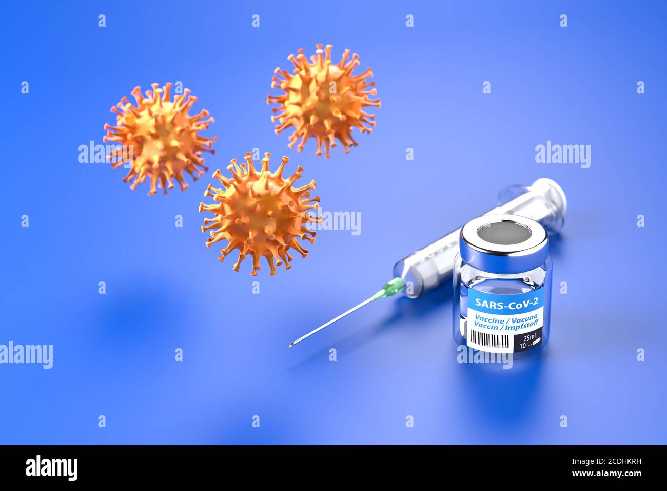 Vaccination against Corona Virus SARS-CoV-2: glass container with vaccination, a syringe behind, three corona viruses above. The word vaccination in E Stock Photo