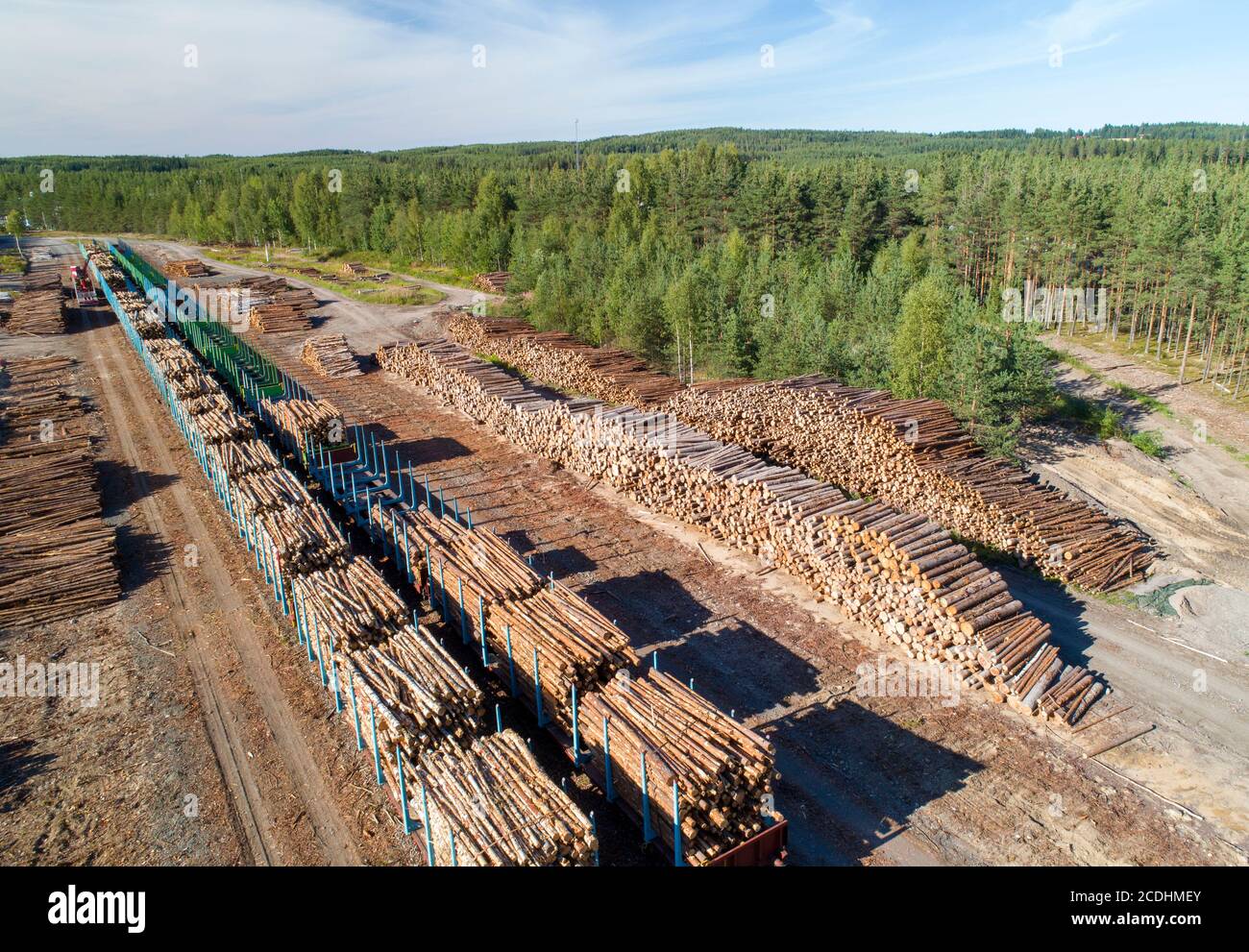 Aerial view of a railroad yard with log piles and train wagons loaded with timber for transport at Summer , Finland Stock Photo