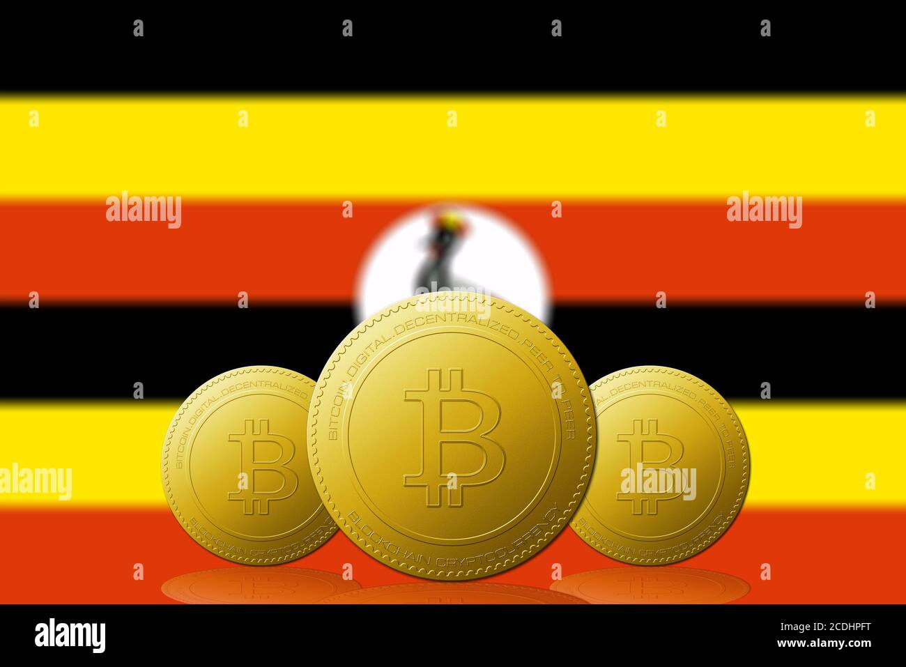 Three Bitcoins cryptocurrency with Uganda flag on background Stock Photo -  Alamy