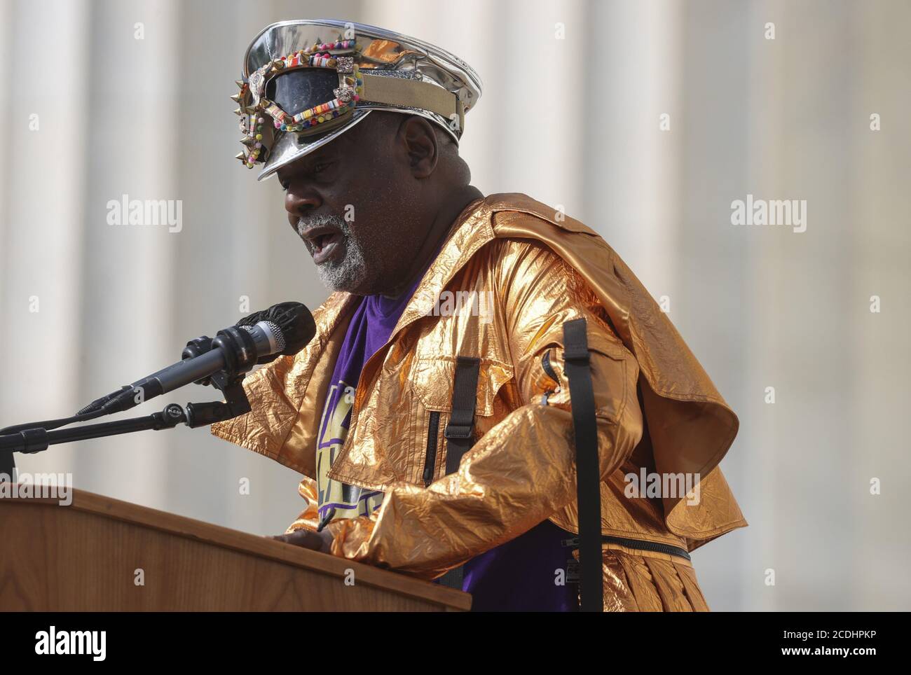Washington, United States. 28th Aug, 2020. Singer and songwriter George Clinton of Parliament Funkadelic delivers remarks during the 'Commitment March: Get Your Knee Off Our Necks' civil rights rally in Washington, DC, on August 28, 2020. The 2020 March on Washington comes on the 57th anniversary of Dr. Martin Luther King's historic march, when he delivered his 'I Have a Dream' speech. Photo by Jonathan Earnst/UPI Credit: UPI/Alamy Live News Stock Photo