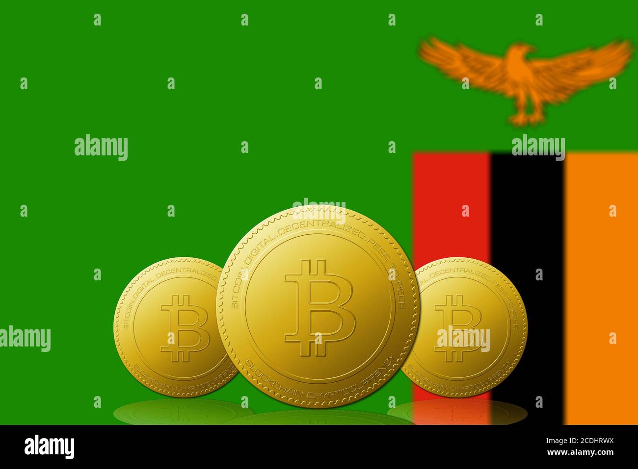 Three Bitcoins cryptocurrency with Zambia flag on background Stock Photo -  Alamy
