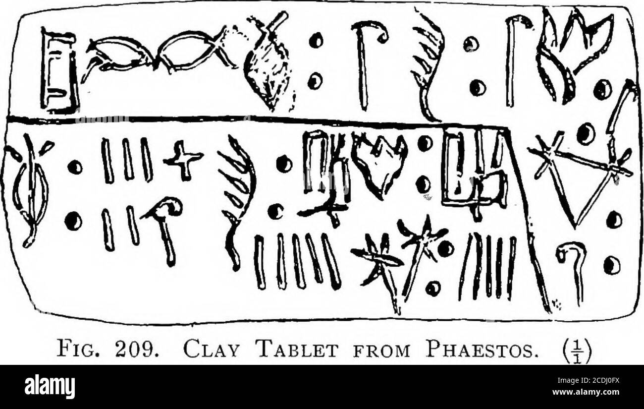 . The palace of Minos : a comparative account of the successive stages of the early Cretan civilization as illustrated by the discoveries at Knossos . Fig. 208. Clay Labels and Perforated Bars with Hieroglyphic Script (B). {^). RoyalSeal. Fig. 209. Clay Tablet from Phaestos. class the most beautiful example is a red cornelian prism which probablycontains the name and titles of a Minoan prince whose personal badge wasa cat (Fig. 207, a)} The ?*?, leg, and gate hieroglyphs round this badge answerto those associated with the portrait head of Fig. 206, and may, as suggestedabove, represent a recur Stock Photo