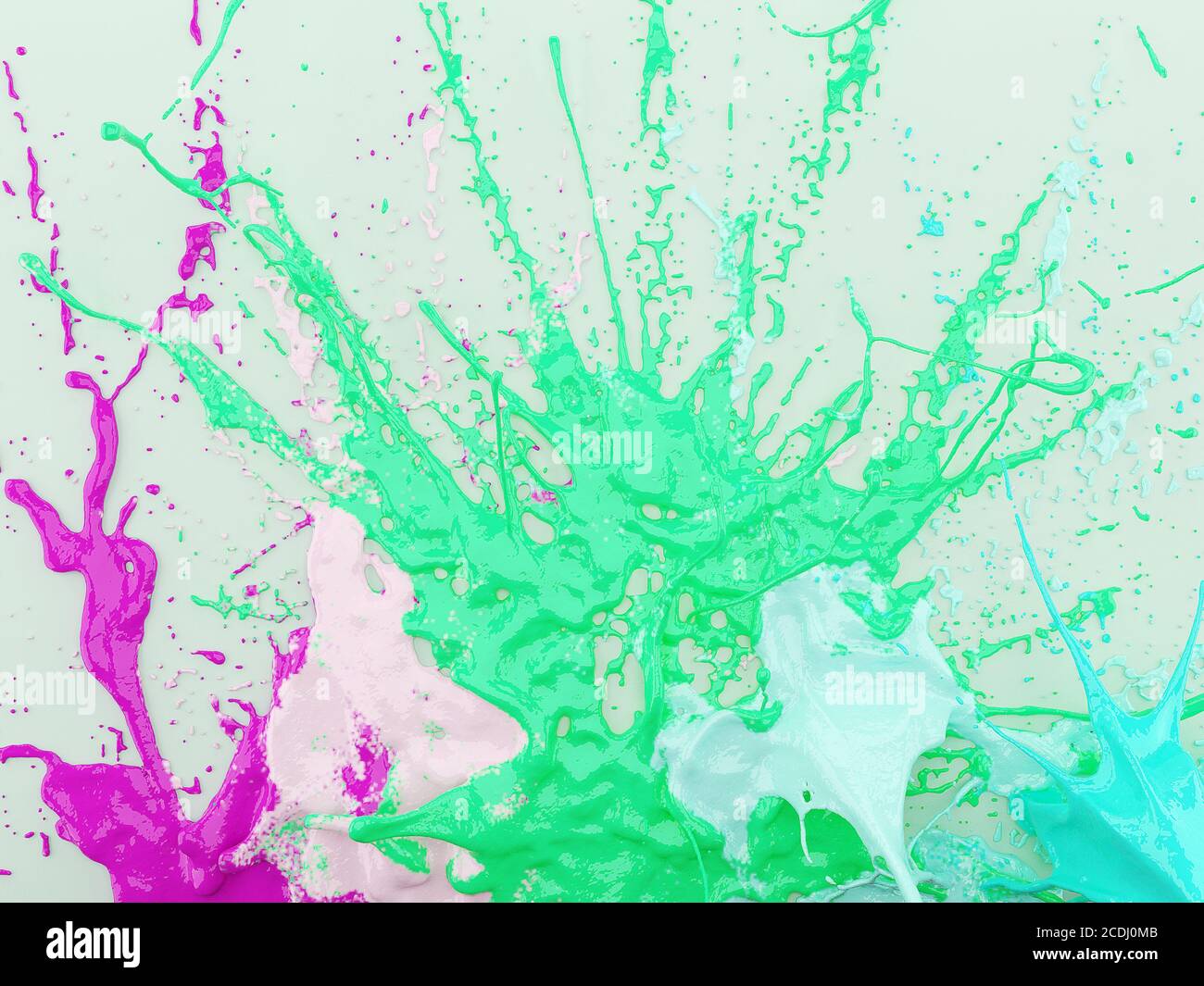 Bright dense splashes of multi-colored paints on light background. 3D rendering Stock Photo