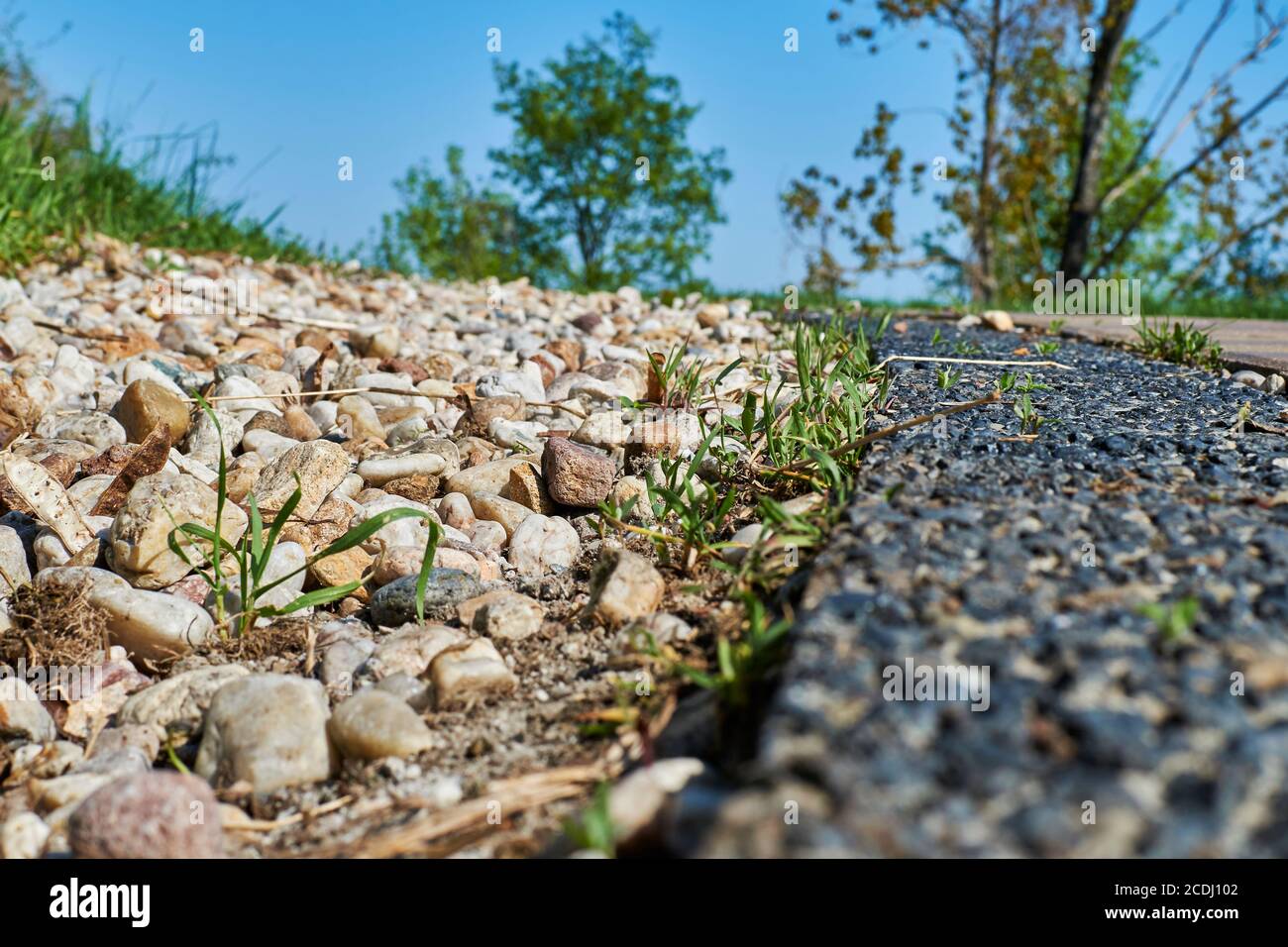 Path delimitation made of pebbles as a drain for rainwater next to a footpath in nature. Stock Photo