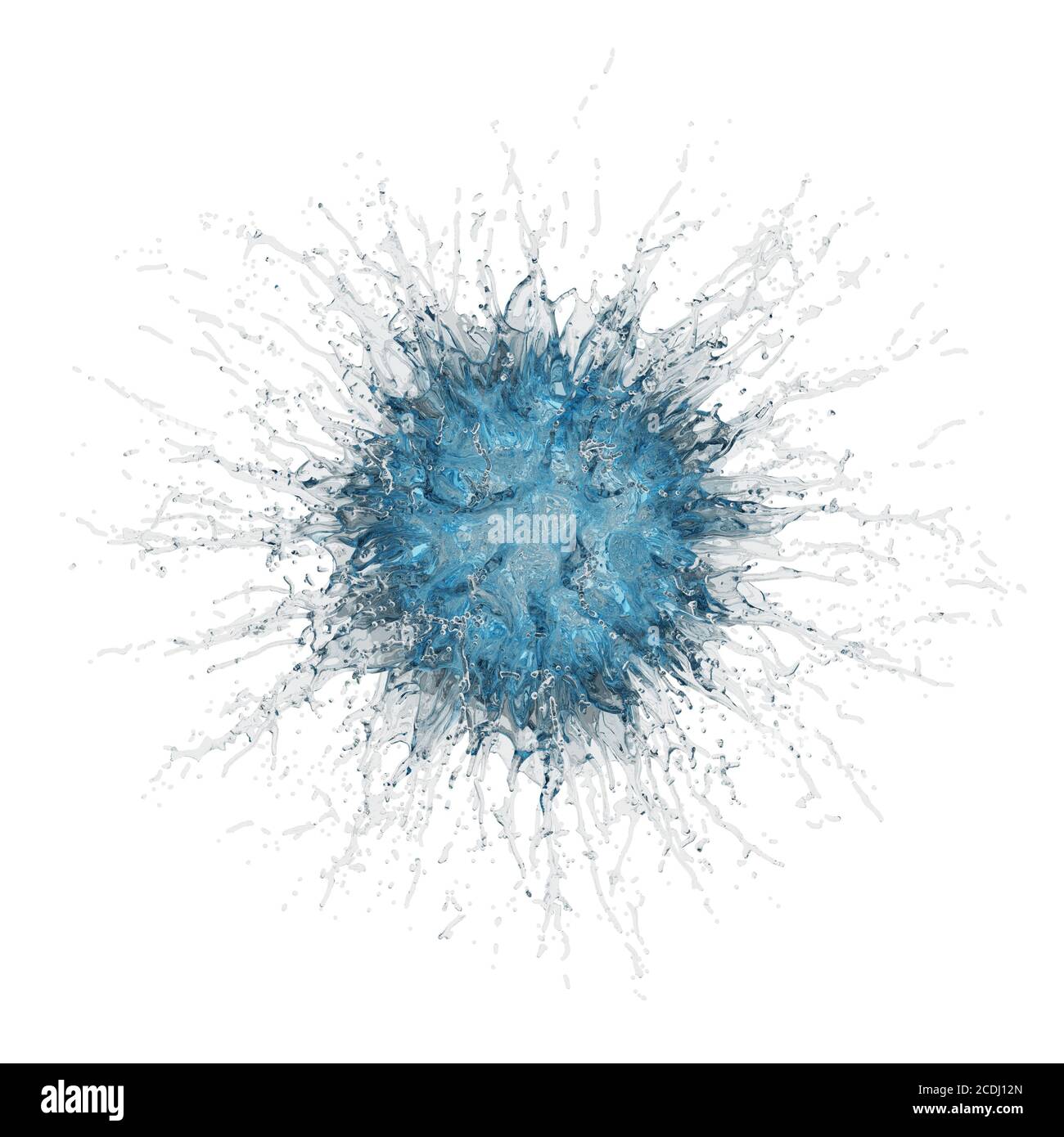 Spherical splash of water with splashes in all directions on white ...